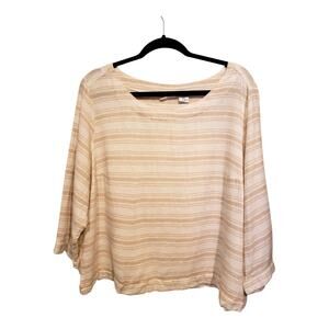 Sigrid Olsen White And Tan Stripe Boatneck Linen Blend Top Blouse XL